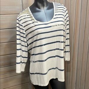 White and Blue Boxy 3/4 Sleeve T-Shirt